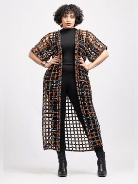 Handmade Patchwork Mesh Jacket Open-Weave Long Duster in Black and Rust